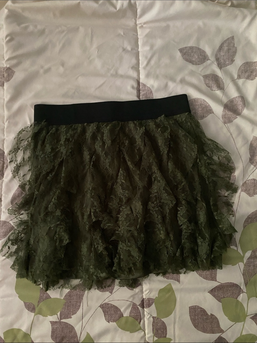 Express S Olive Lace Tiered Mini Skirt with Black strechy Waistband